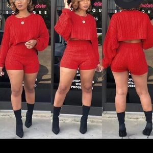 Two Piece Long Sleeve Crop Top And Shorts Set
